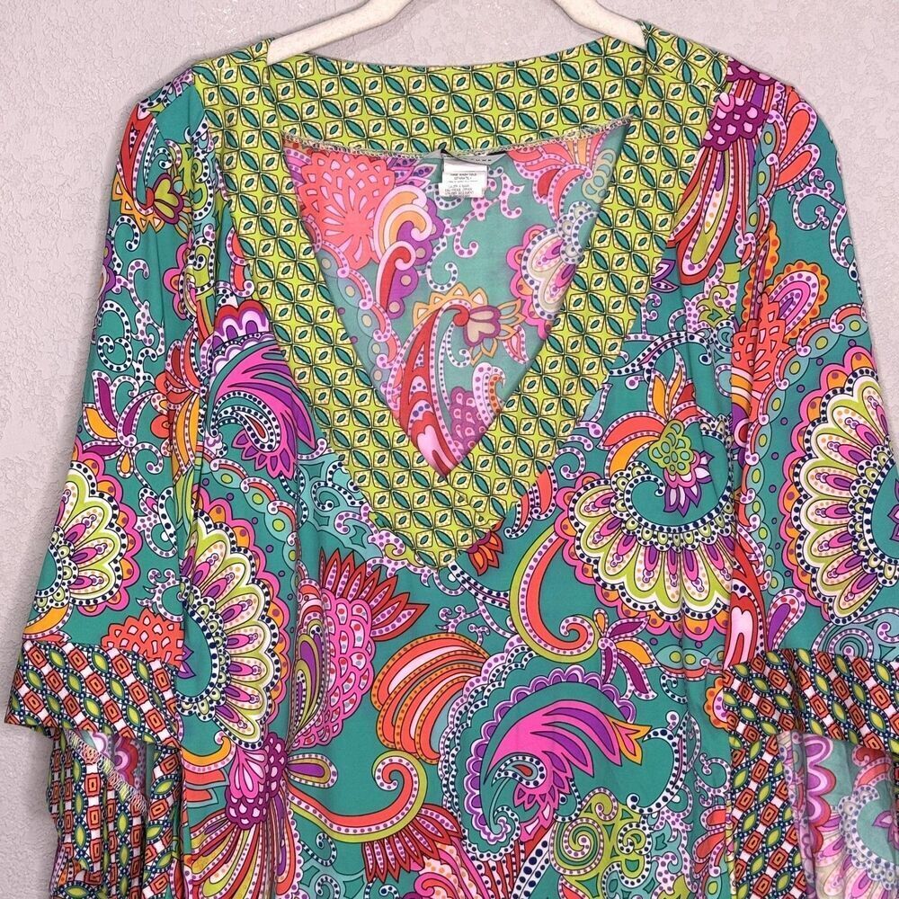 Trina Turk Tunic Top Womens Medium Multicolor Paisley Kimono Sleeve Boho V Neck - Picture 5 of 8